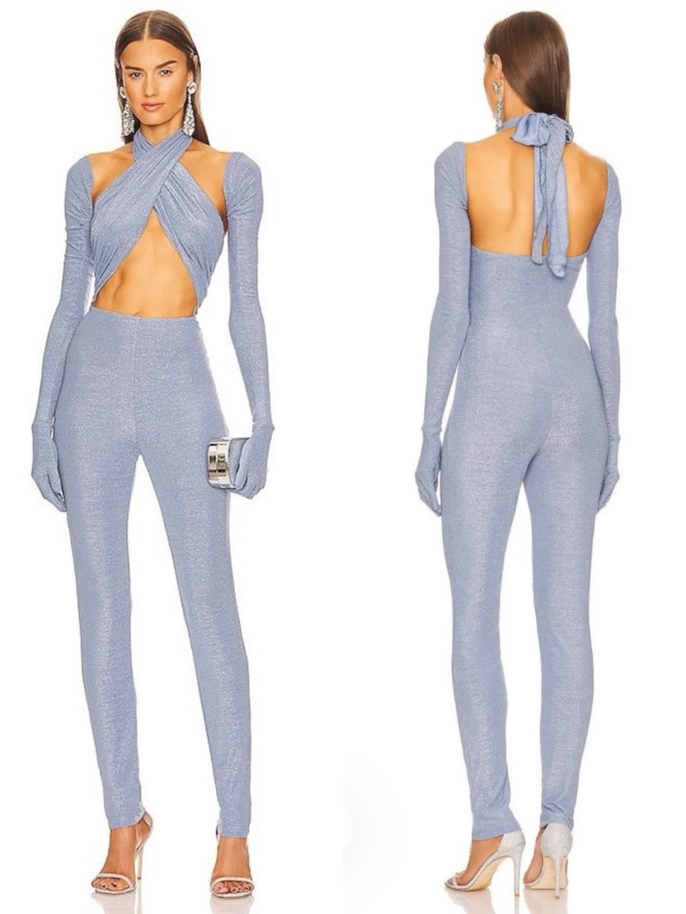 Kim Shui blue glitter wrap jumpsuit with gloves size M medium